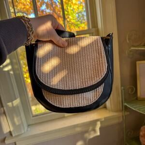 Woven Rattan/Straw Saddle Bag | Black Trim Boho Coastal Crossbody Purse